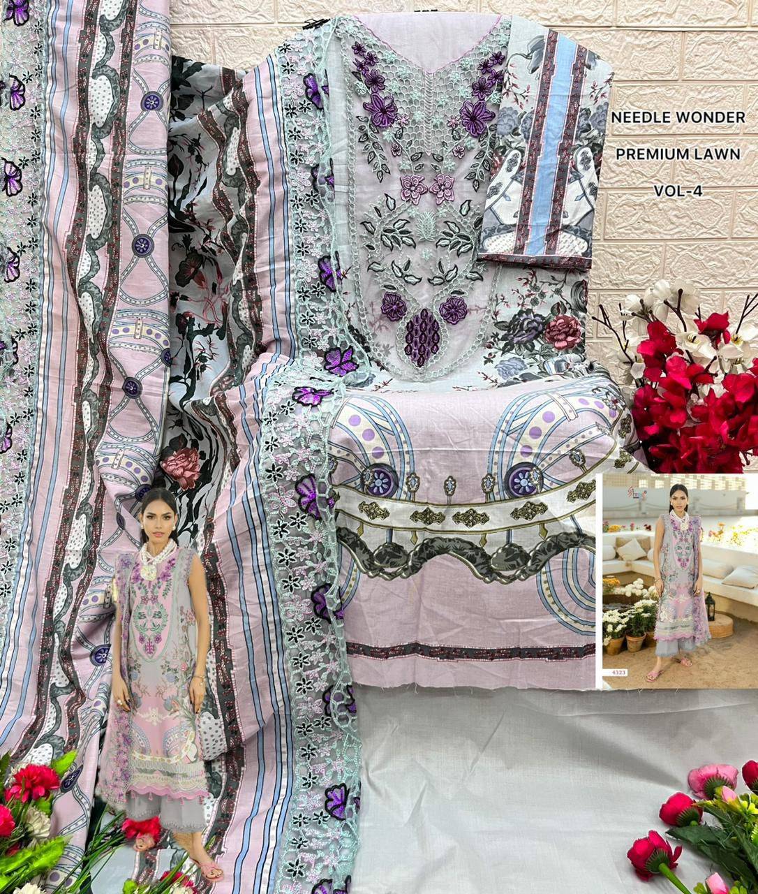 NEEDLE WONDER PREMIUM LAWN VOL-4 By Shree Fabs 4321 To 4328 Series Designer Pakistani Suits Pure Cotton print Dresses At Wholesale Price